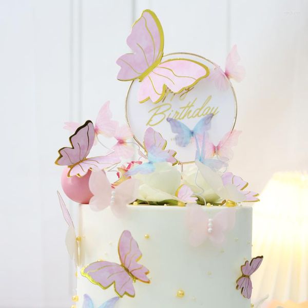 Festivo suprimentos de bolo de borboleta Toppers feliz aniversário feita à mão pintada para festa de decoração