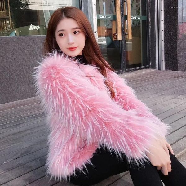 Kadın Kürk 2022 Kısa Kadınlar Sonbahar ve Kış Genç Moda Lmitation Raccoon Peluş Femme Pembe W222