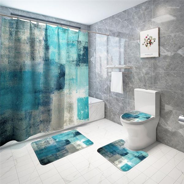 Toilettensitzabdeckungen moderne minimalistische blaue abstrakte Print Wohnheimdekoration Badezimmerabdeckungssätze wasserdichte Duschvorhang Matten Teppich Teppichs Anzüge