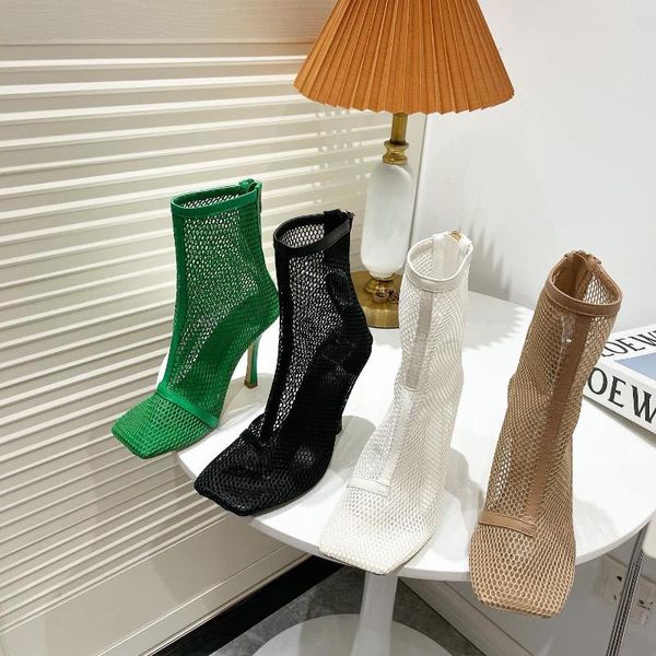 Botas de verão feminino sandálias de toe malha hollow design fino salto alto festas de volta zíper preto verde bege tamanho branco 41