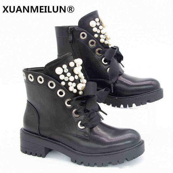 Boots Mulheres Mulheres Ladas Curto Tornozelo Autumn Plataforma Sapatos de motocicleta para mulher punk 36-42 Winter Pearl Rivet Sho 220805