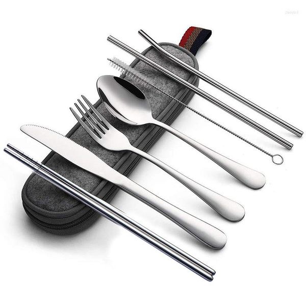 Conjuntos de utensílios de jantar Conjunto de talheres portáteis de viagens de aço inoxidável Faca de faca de palha reutilizável utensílios de taleare com utensílios de cozinha de bolo acampamento