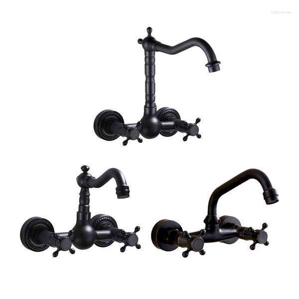 Rubinetti per lavabo da bagno Rubinetto per lavabo a parete Ottone antico Vernice Rubinetto per vasca nero Girevole a 360 gradi Doppia maniglia Cucina Freddo e