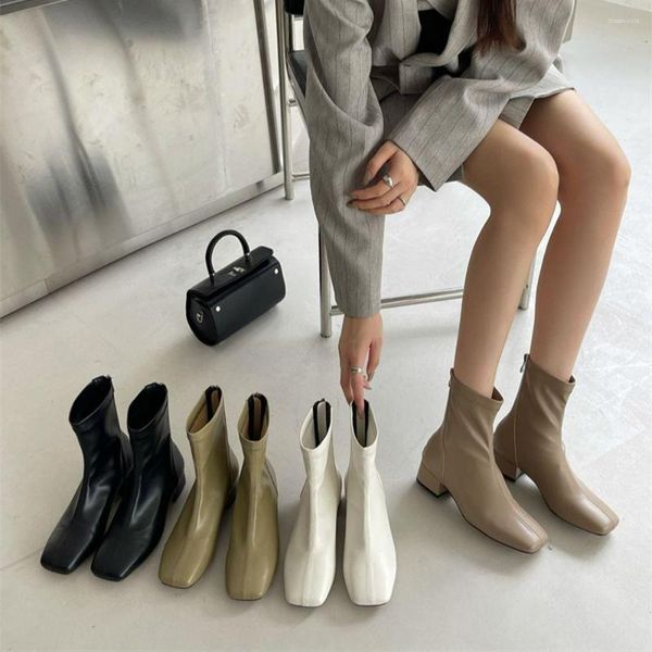 Stiefel Square Toe Damen Knöchel Stretch Schuhe Reißverschluss hinten Schwarz/Weiß/Grün/Khaki Kurze Booties Kleid Frau Herbst Socke Botas