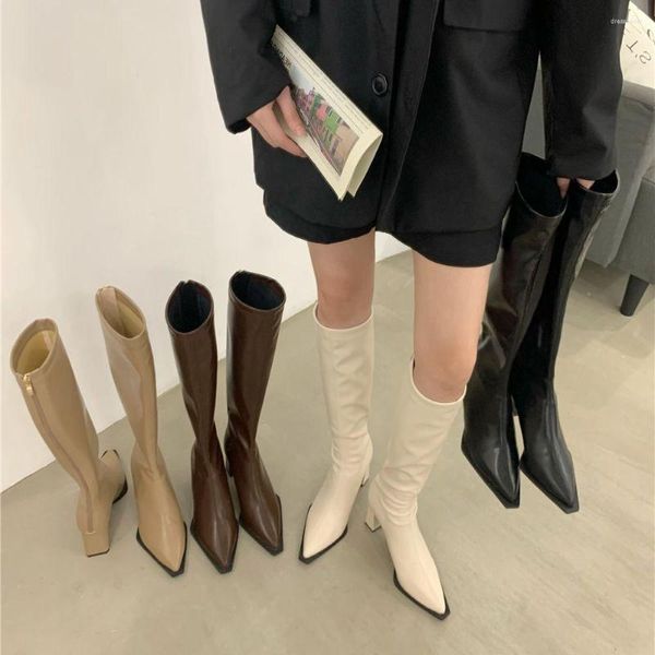 Stiefel Mode Frauen Kniehohe Spitze Zehen Stretch Schuhe Dicke Absätze Socken Booties Beige Khaki Schwarz Braun Zurück Reißverschluss Winter