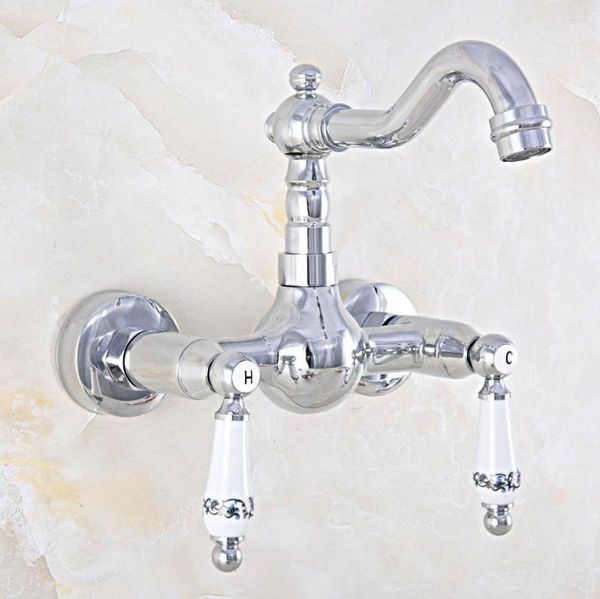 Rubinetti da cucina Rubinetto per lavabo Ottone cromato Doppia maniglia Doppio foro Rubinetti per lavabo da bagno Bocca girevole e rubinetto per acqua fredda 2nf564