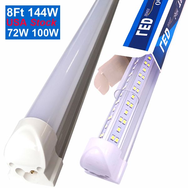 Luz de luminária de 8 pés de luminária T8 LUZES DE LED LUZES COLOTO BRANCO 6500K V FORMA CLARA TAPE HIGHT Hight Shops Lights for Garages 72W 7200LUMens Crestech