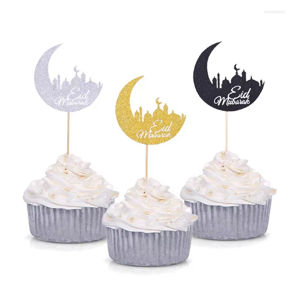 Festive Supplies Silber glitzernde Cupcake-Topper für Eid Mubarak, Ramadan-Fest, Wimpelkette, islamische muslimische Party-Dekoration