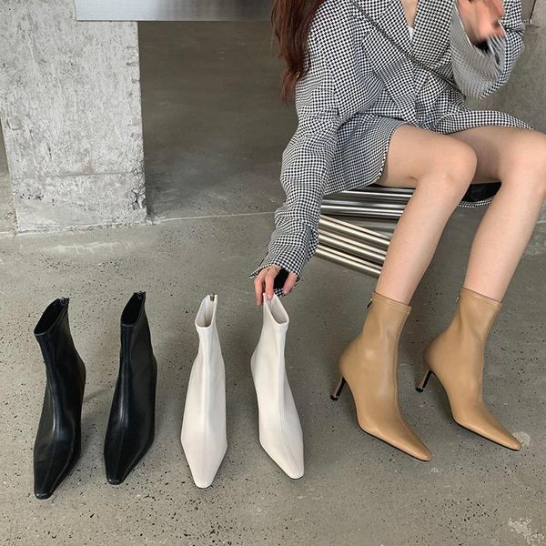 Boots Fashion Women Antrain Strate Shoe Booties Black Beige Pointed Toe Осеннее зимнее платье Thin High High High 39