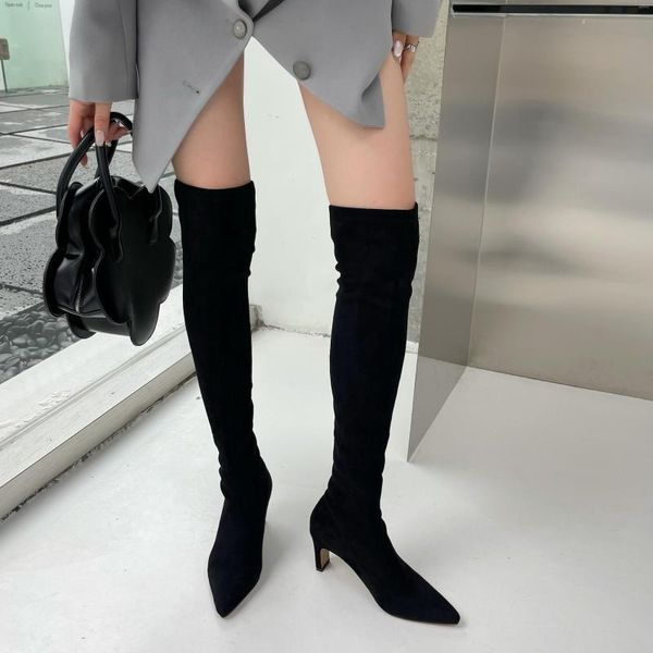 Botas mulheres sobre a meia de joelho preto/chaque de inverno grosso salto alto deslize em moda shop shoes sexy woman 2022 s