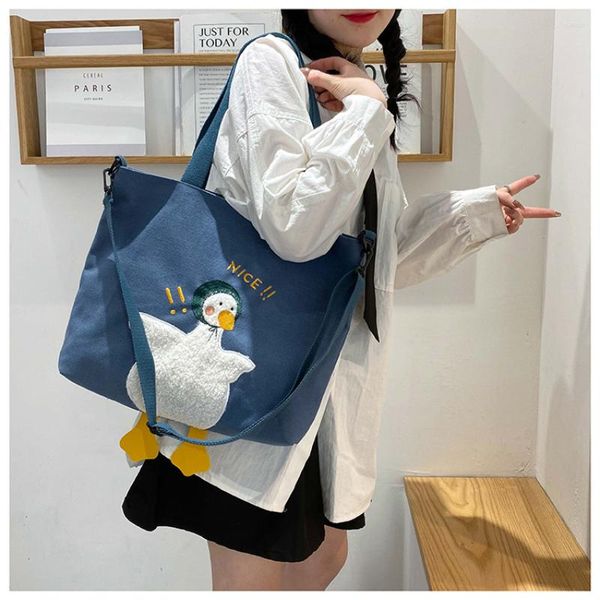 Abendtaschen Kawaii Ente Stickerei Leinwand Einkaufstasche Große Kapazität Schulter Handtasche Für Frauen Mädchen Shopper Einfarbig Messenger