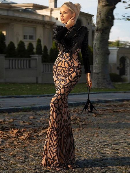 Vestidos casuais ailigou 2022 elegante luxuoso borla de luxo lantejoulas longa feminina feminina mangas skinny redondo pescoço de celebridade vestido de festa