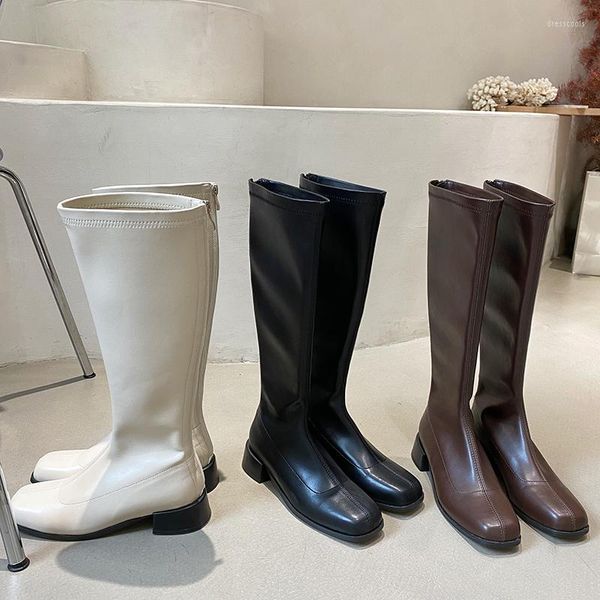 Botas redondo as mulheres joelho lateral alto zíper branco preto marrom plano salto baixo botas cavaleiros solas macias mulher de qualidade mulher