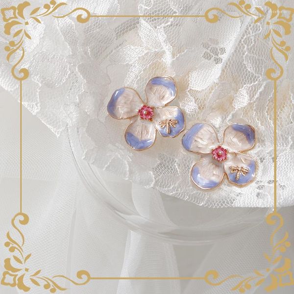 Orecchini a bottone Vintage colore viola smalto fiore lega d'oro grande dichiarazione floreale per regalo di gioielli da donna
