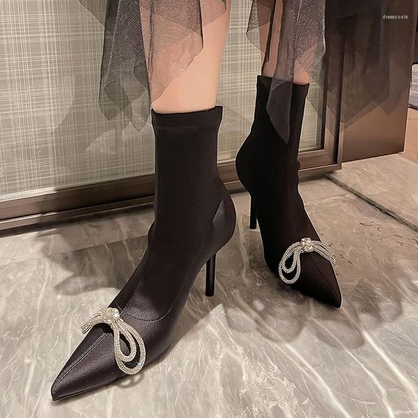 Botas apontadas para mulheres meias de joelho curto/comprido sapatos pretos saltos manchados de salto de cristal com bombas de festa 39