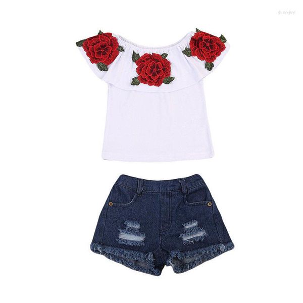 Completi di abbigliamento 2022 Marca 3D Fiore Bambino Infantile Bambini Neonate Top T-shirt Pantaloni in denim 2 pezzi Abiti Set adorabile 1-6T