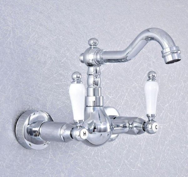 Torneiras de cozinha Torneira de lavagem de lavagem da bacia cromo Brass Dual Handeld Sink Taps bico giratória e água fria 2SF544