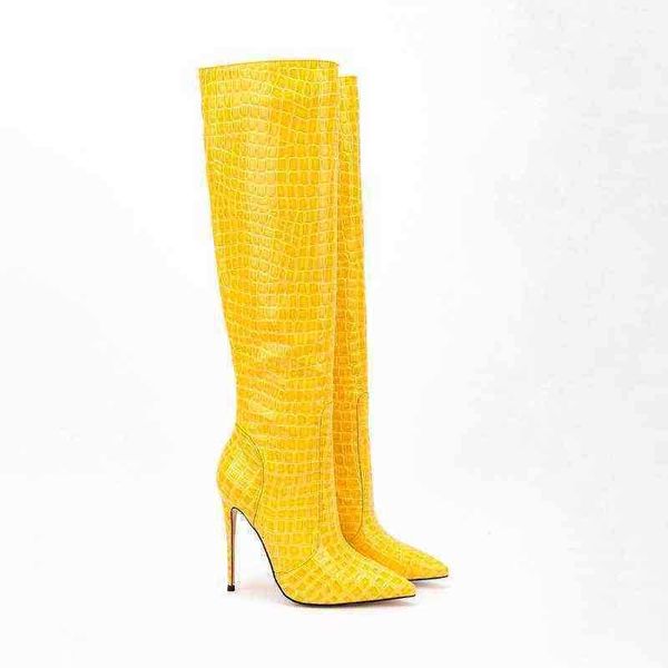 Botas femininas nova moda bico fino equitação outono e inverno mais zíper coxa alta amarelo verde 0709