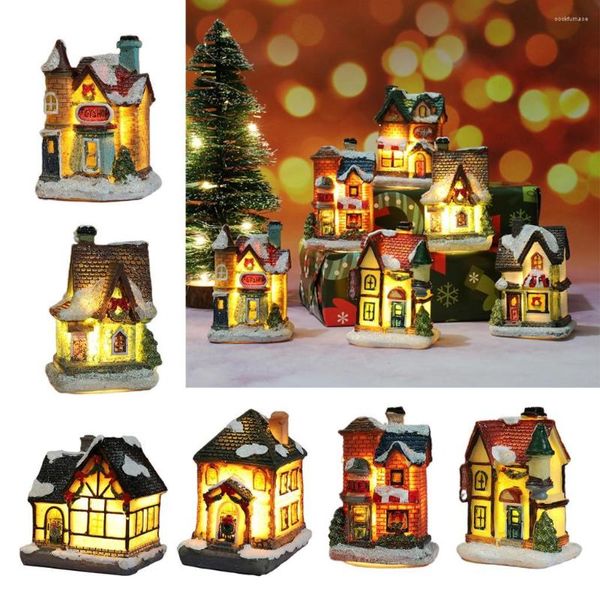 Decorações de Natal Inverno Snow House Miniatura LED LED UP Battery Operated Building Santa Natal