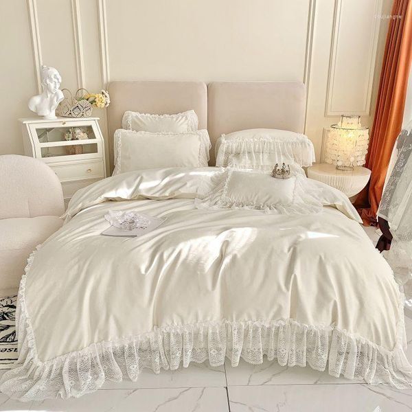 Set di biancheria da letto Chic Elegante Volant Pizzo Bianco Copripiumino Lusso 1200TC Cotone egiziano 4 Pz Morbido Consolatore Lenzuolo Federe