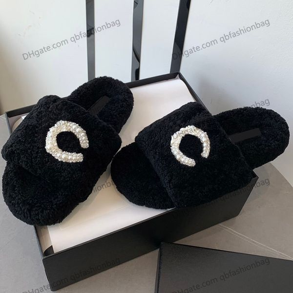 Flipers de lã para mulheres imitação de lã Faux Pearl 22SS F/W Slides Designer mulas com chinelos de letra Botas quentes quentes confortáveis ​​sem deslizamento