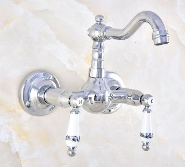 Küchenarmaturen Chrom Messing Doppelgriff Dual Loch Wandmontage Becken Wasserhahn Schwenkauslauf Badezimmer Waschbecken Kalt und Mischbatterie 2nf571