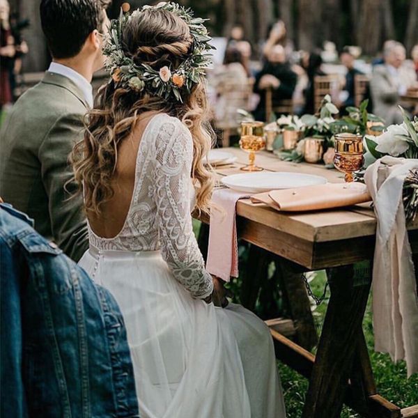 Strandhochzeitskleid mit langen Ärmeln Vestido de Noiva Vintage Spitzenoberteil Chiffonrock Boho Brautkleider Sweep Train