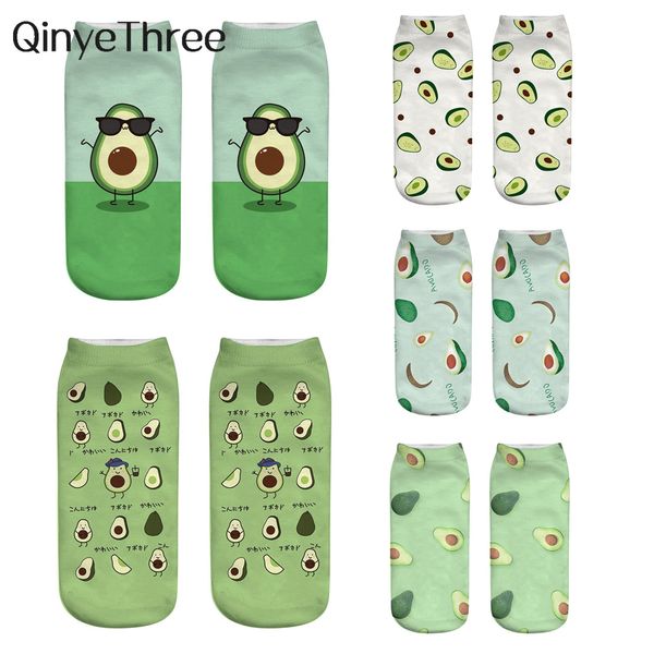 Носки 1 Пара Новый 3D -печатный мультфильм Happy Avocado Cool Fashion Fruit Fruit Women Unisex Короткий сокс.