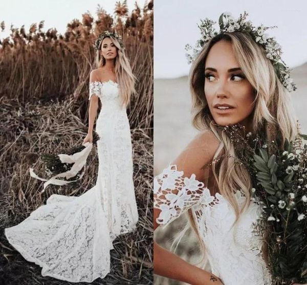 Hochzeit Kleid Elegante Boho Spitze Kleider 2022 Land Vestido De Noiva Weg Von Der Schulter Kurze Ärmel Braut Brautkleider