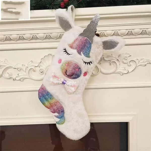 Paillettes Unicorno Grande calza di Natale Decorazioni Ciondolo in stoffa di colore Opp Confezione regalo Borsa Moda con vari motivi