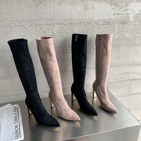Сапоги заостренные цвета женщины колена высокие носки для носков 2022 S черная бежевая боковая на сайте молнии Женская мода зима