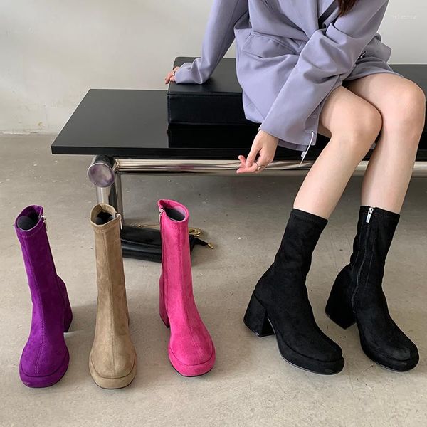 Сапоги круглые носки женщины -лодыжка черно -розово -коричневые фиолетовые пинетки боковой Zipper 2022 Платформы насосы платформы