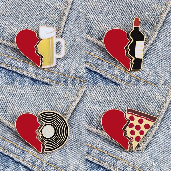 Broches 9 estilos de coração broche de broche 2pcs/pinos de esmalte de desenho animado para casais amigos copo de cerveja pizza pizza saco de jóias de jóias de jóias