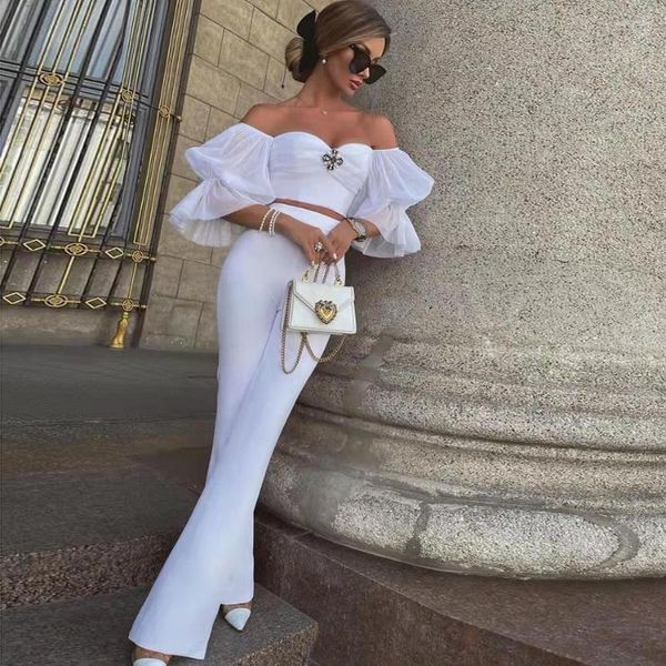 Zweiteilige Hosen von Frauen trendy glänzendem Ärmel Design von Schulter Rüste Puff und 2 Set Celebrity Club Party White Outfit