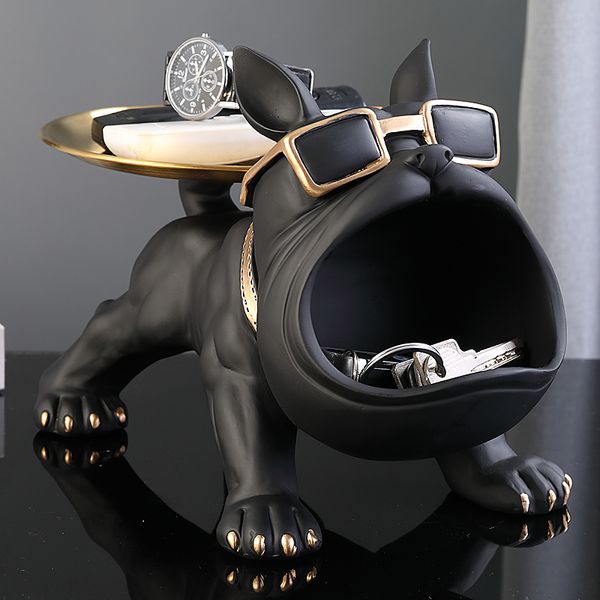 Objetos decorativos Figuras Decoração de mordomo de bulldog francês Cool com bandeja Big Bouth Dog Statue Storage Box Animal Resin Sculputre Figura Home Gift 221031