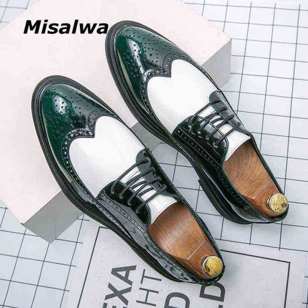 Scarpa Dres Lacquer Leather Uomo Scarpa formale Misalwa British Busines Full Brogue Patchwork Bianco Verde 220723