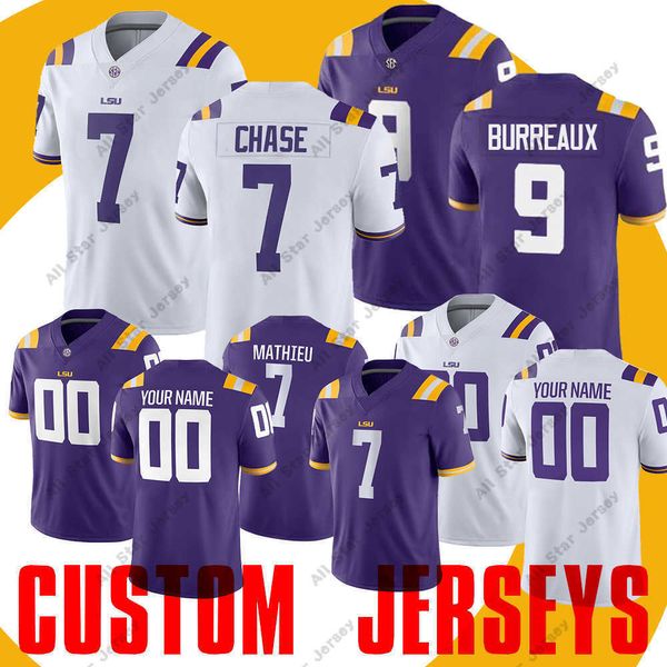 Fußballtrikots Fußballtrikots Benutzerdefiniertes LSU Tigers-Trikot Joe Burrow Burreaux JaMarr Chase Odell Beckham Jr. Leonard Fournette Tyrann Mathieu Patrick