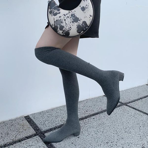 Stivali Punta a punta Donna Calza lavorata a maglia Botas Nero Grigio Tacco basso piatto Scarpe eleganti sopra il ginocchio per donna Slip on elastico