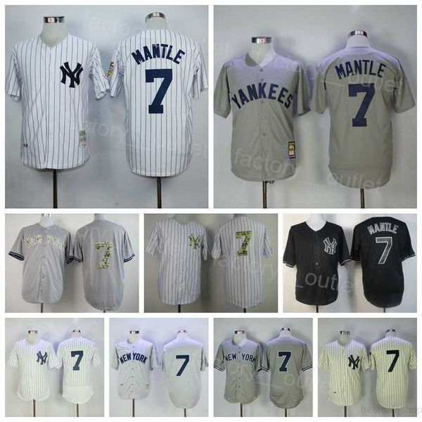 Männer 1929 1951 Throwback Baseball 7 Mantle Vintage Jersey Flexbase Cooperstown Cool Base Alle Nähte Teamfarbe Marineblau Schwarz Grau Weiß Nadelstreifen Hohe Qualität