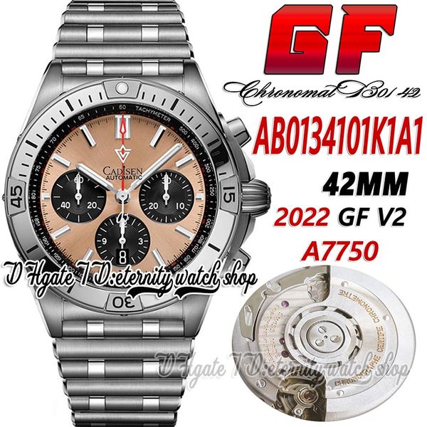 GF V2 B01 Orologio da uomo A7750 Cronografo automatico gffAB0134101K1A1 Quadrante in rame beige Quadrante nero Indicatori di bastoncini Bracciale in acciaio Super Edition Orologi per l'eternità