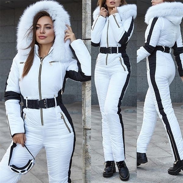 Tuta invernale da donna in due pezzi bianca con inserto nero tute da sci comoda giacca in pelliccia sintetica con cappuccio moda pantaloni femminili caldi completi