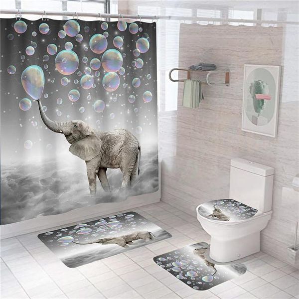 Coprisedili per WC Bubble Elephant Stampa digitale creativa Decorazioni per la casa Set di coperture per bagno Tappetini per tende da doccia impermeabili Tappeti per tappeti