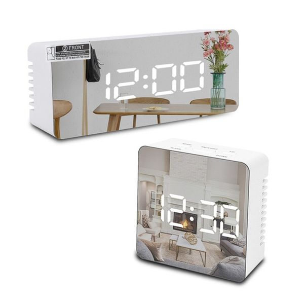 Orologi da tavolo da scrivania Snooze Mirror Sveglia digitale Luci notturne a LED Termometro Lampada da parete Rettangolo quadrato Orologio multifunzione USB 221031