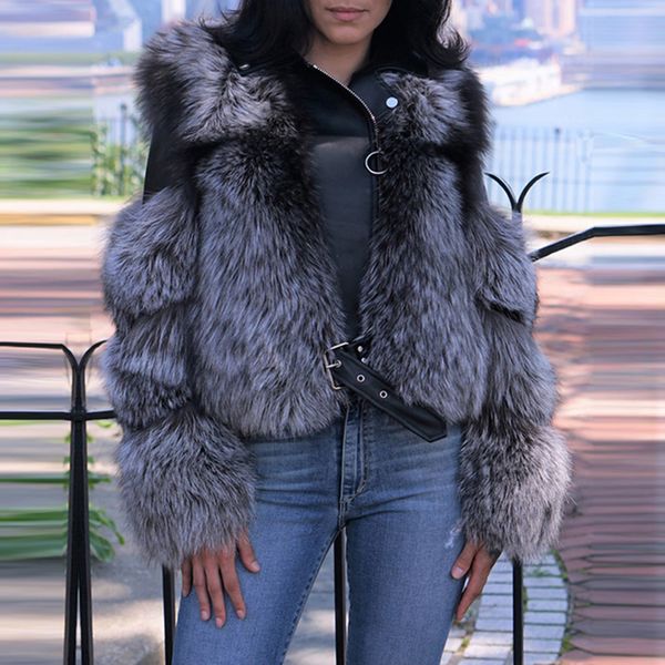 Casacos de pele de raposa falsa com couro PU para mulheres 2022 Autumn Winter Motorcycle Style Silver fofo de jaqueta de pele