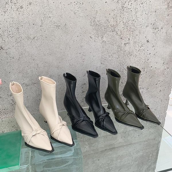 Stivali Punta a punta Donna Calzino Scarpe elasticizzate Beige Nero Verde Fiocco posteriore Cerniera Stivaletti elastici Tacco medio sottile Abito Autunno