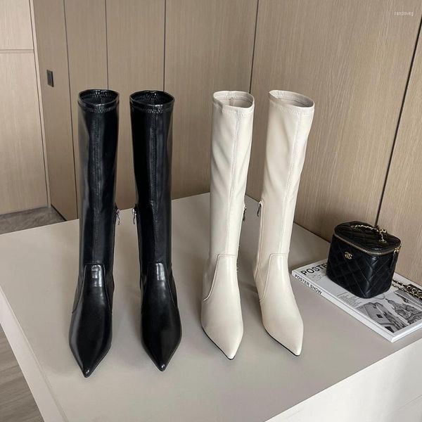 Boots Fashion Женщины колена высокие заостренные носки для растягивания туфли тонкие каблуки черные бежевые носки размер 35-40 насосы для вечеринок рыцарь