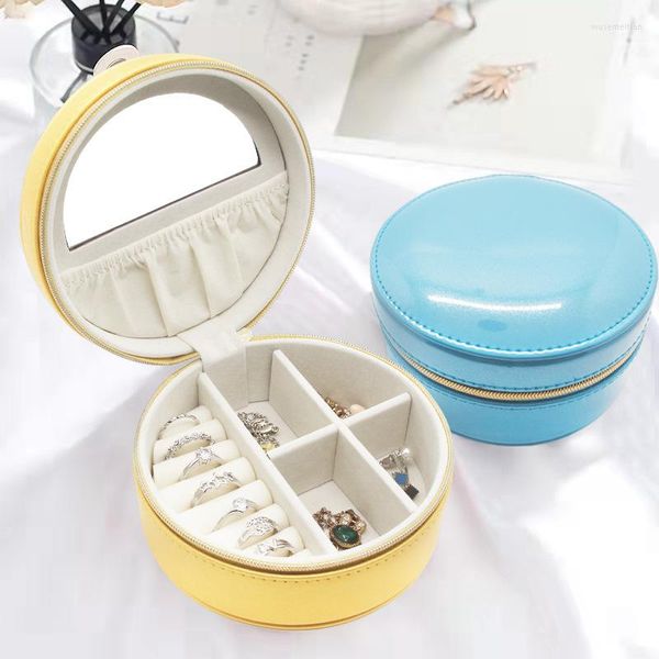 Bolsas de jóias Case de viagem Caixa de viagem pequena caixa redonda com pulseiras de espelho anéis de colar Brincos caixas de armazenamento Organizador Tassel Zipper