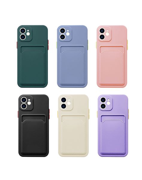 Capas de silicone líquido de bolso de cartão para iphone 15 14 pro max 13 12 11 x xs xr 8 plus macio tpu cartão de crédito caixa de slot de cartão móvel capa traseira rosa preto verde pele branca