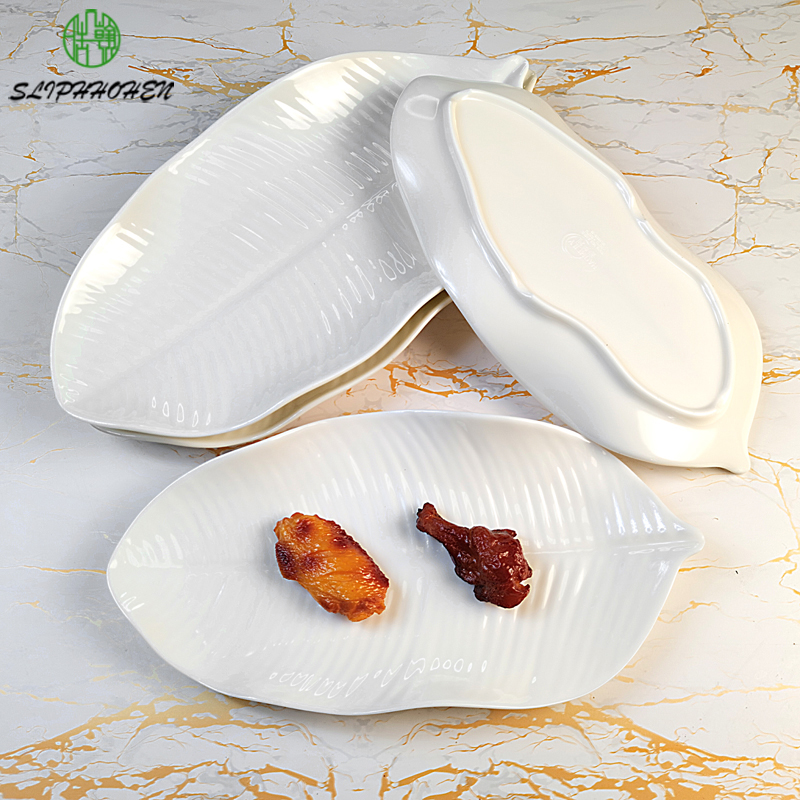 Barbecue Snacks Dinner Dish White Shape Of Banana Leaves 13/15 Inch A5 Melamine Tableware Imitation Porcelain