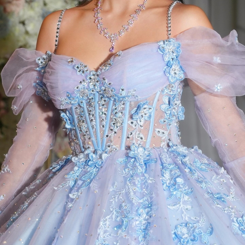 Himmelblaue Prinzessin Quinceanera-Kleider, Gillter, Applikation, Spitze, Perlen, Tüll, schulterfrei, langärmlig, Korsett, Schnürung, Prom, Abendkleider aus dem 15. Jahrhundert